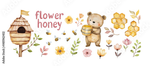 Honey set, children's watercolor illustration. Cute little bear with barrel, wooden beehive, honeycomb, flowers, leaves. Isolated clipart with clear even edge on transparent background