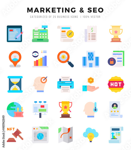 Marketing & Seo Flat icons collection. Flat icons pack. Vector illustration