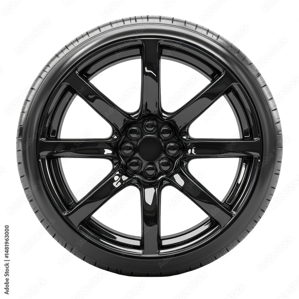 Fototapeta premium Sleek black tire eight spoke rim glossy finish deep shadows automotive on transparent background