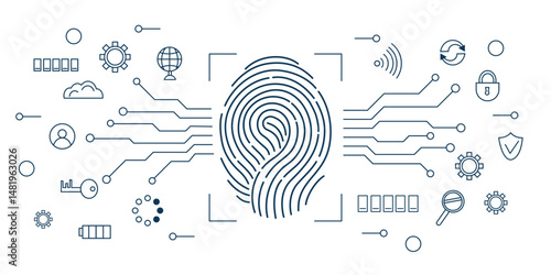Fingerprint scanning system. Biometric authentication technology concept. Personal touch id identity. Vector hand drawn background in line art style.