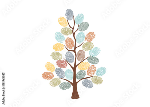 Inclusion and diversity concept clipart. Fingerprints shaped leaves on the tree. Colorful handprints. Vector hand drawn illustration.