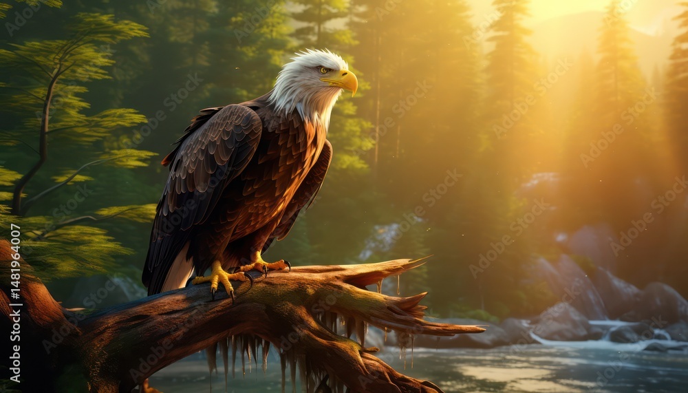 Fototapeta premium Large eagle stands tall on a tree trunk and large rocks, with a backdrop of amazing mountain background on the sunrise view