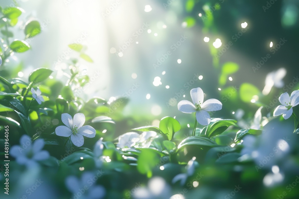 Sunlit forest floor with delicate white blossoms and sparkling dust motes Sunlit forest floor with delicate white blossoms and sparkling dust motes