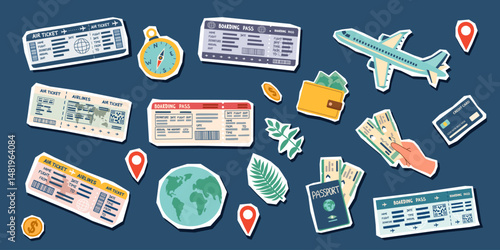 Travel stickers set. Travel concept. Collection of travel objects isolated on blue. Hand drawn flat illustration.