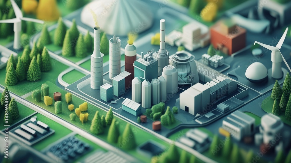 Obraz premium Detailed miniature model of an industrial complex nestled in a green forest.