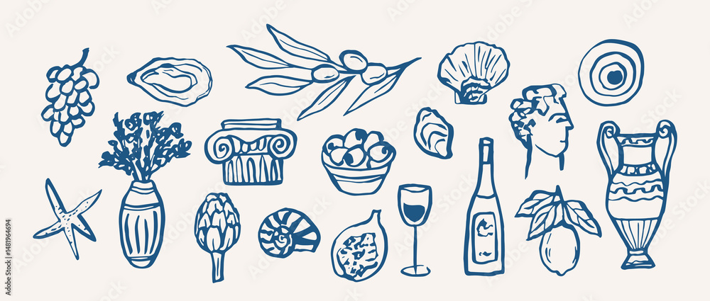 Naklejka premium Hand drawn doodle mediterranean elements collection