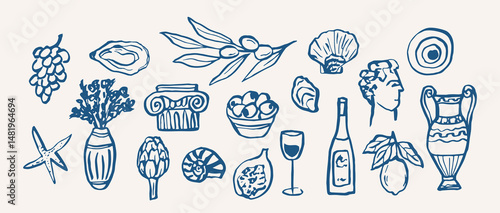 Hand drawn doodle mediterranean elements collection