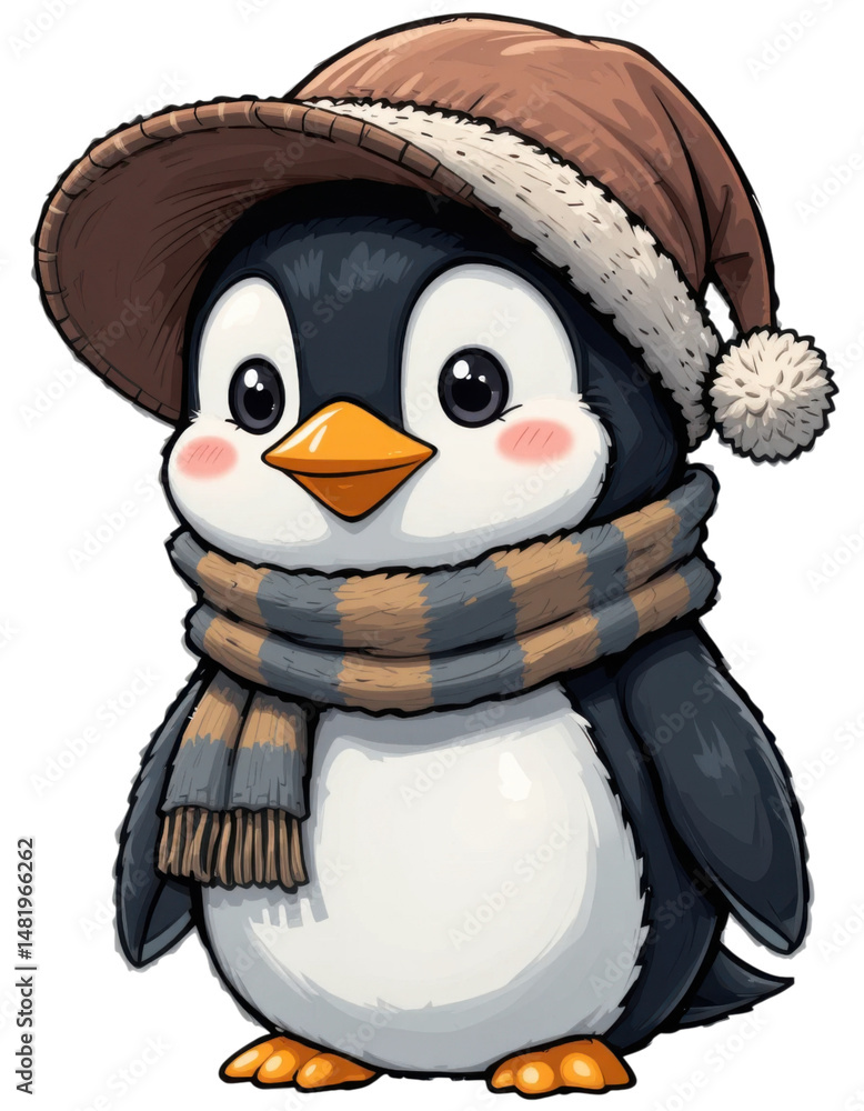Obraz premium Cute Cartoon Penguin Wearing a Cozy Winter Hat and Scarf with Adorable Expression