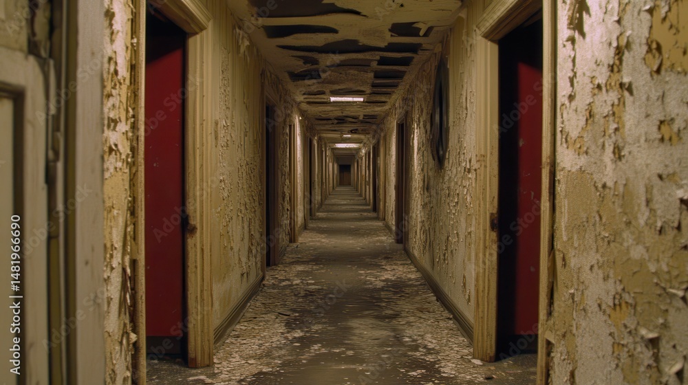 Fototapeta premium Abandoned Building Hallway Decaying Walls Old Doors Distressed Interior Vintage Architecture Spooky