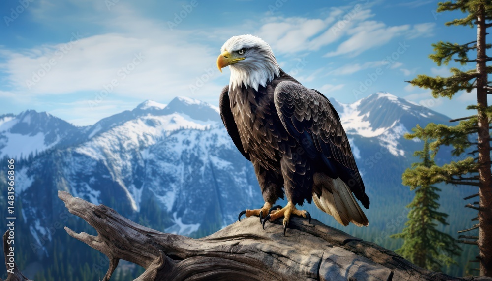 Fototapeta premium Large eagle stands tall on a tree trunk and large rocks, with a backdrop of stunning waterfalls, and a well-preserved tropical rainforest ecosystem