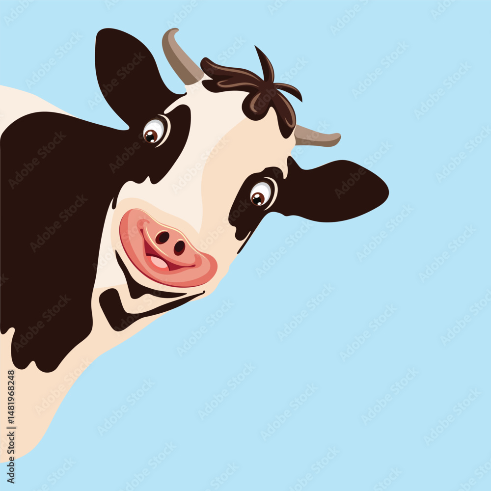 Vector flat cartoon illustration, funny cheerful dairy cow on isolated blue background. Vector flat cartoon illustration, funny cheerful dairy cow on isolated blue background.