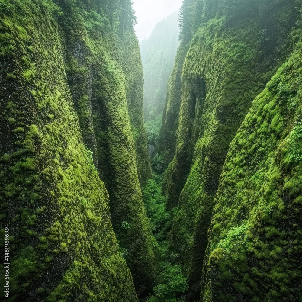 Fototapeta premium A lush, green Oregon wilderness forest with towering trees and moss-covered rocks. 