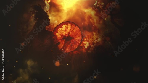 beautiful shamanic girl playing on shaman frame drum in the nature.