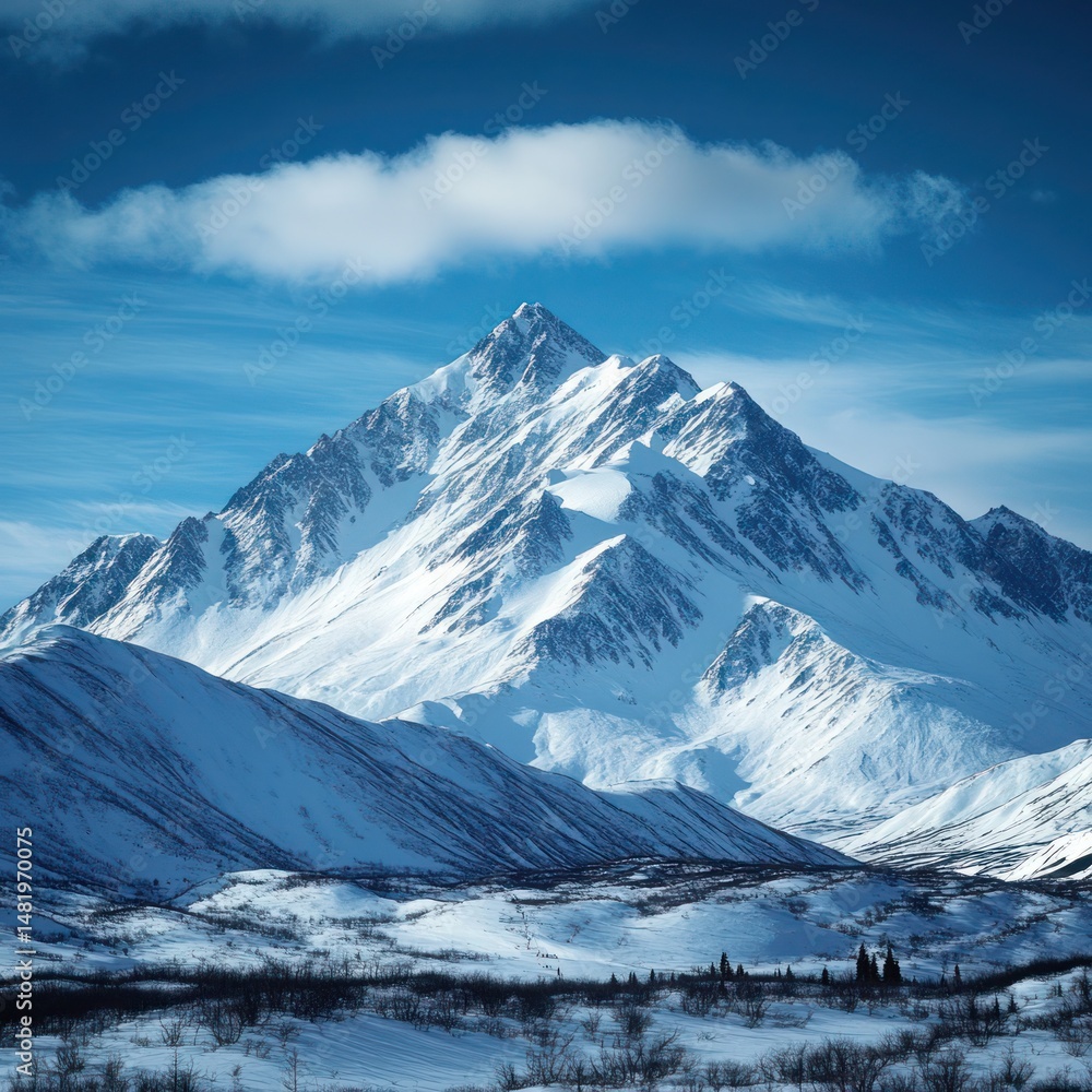 Fototapeta premium A majestic view of a snow-covered mountain range in the Alaskan wilderness.