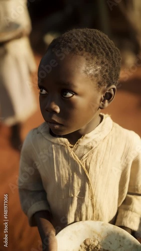 Boy in simple clothes holding a plate with food, looking thoughtful in an arid outdoor setting with other people and tents
