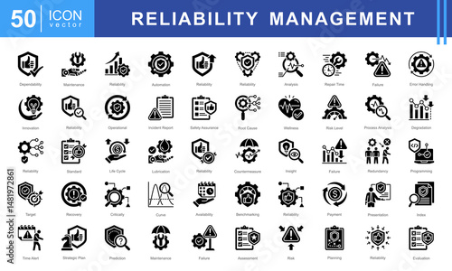 Reliability Management icon set featuring icons for system assessment, error handling, maintenance, root cause analysis, and risk evaluation. Perfect for quality control, operations, and engineering.