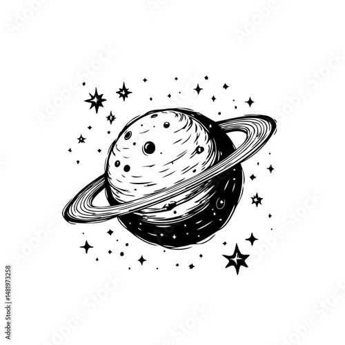 Hand Drawn Saturn Illustration with Starry Background in Black and White Style