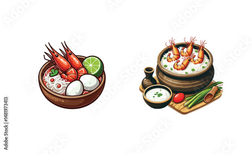 Chingri polao, pad thai, shrimp lo mein, ebi yakisoba vector,rice,Prawn in coconut milk vector