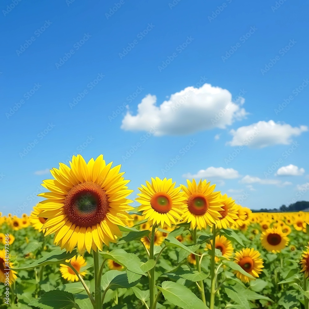 Fototapeta premium A vibrant sunflower field under a clear blue sky, capturing the beauty of golden blossoms basking in bright sunlight, symbolizing warmth and positivity.