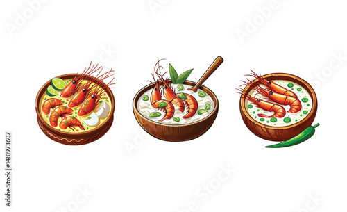 pad thai, shrimp lo mein, ebi yakisoba vector,rice,Prawn in coconut milk vector