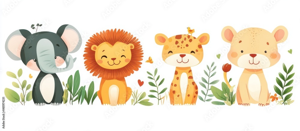 Obraz premium Cartoon Animals Elephant Lion Leopard Bear Cute