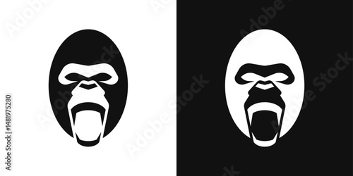 Screaming gorilla head logo in negative space ellipse. Primal strength symbol for gym or fitness brand.