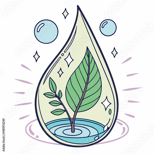 leaf inside water droplet with glowing sustainability aura effect