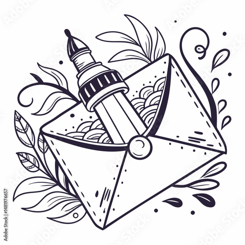 Hand-drawn envelope icon with ink splashes and artistic flair