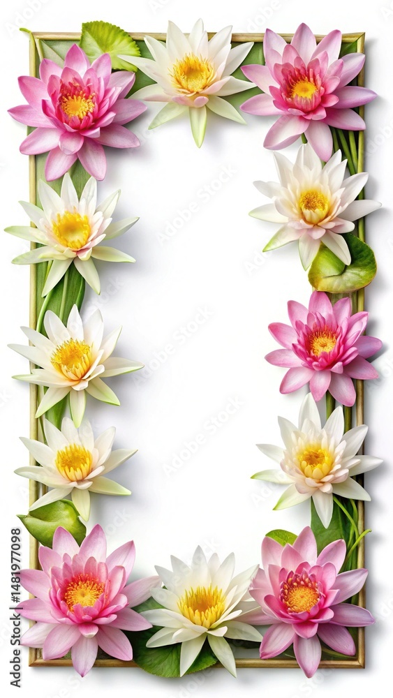 Elegant floral frame with pink and white water lilies and a gold border Elegant floral frame with pink and white water lilies and a gold border