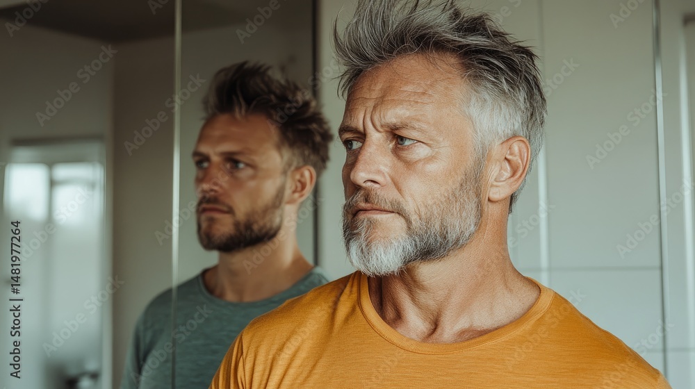 A man in his 70s watching in awe as his reflection in the mirror shows him as a young man. A man in his 70s watching in awe as his reflection in the mirror shows him as a young man.