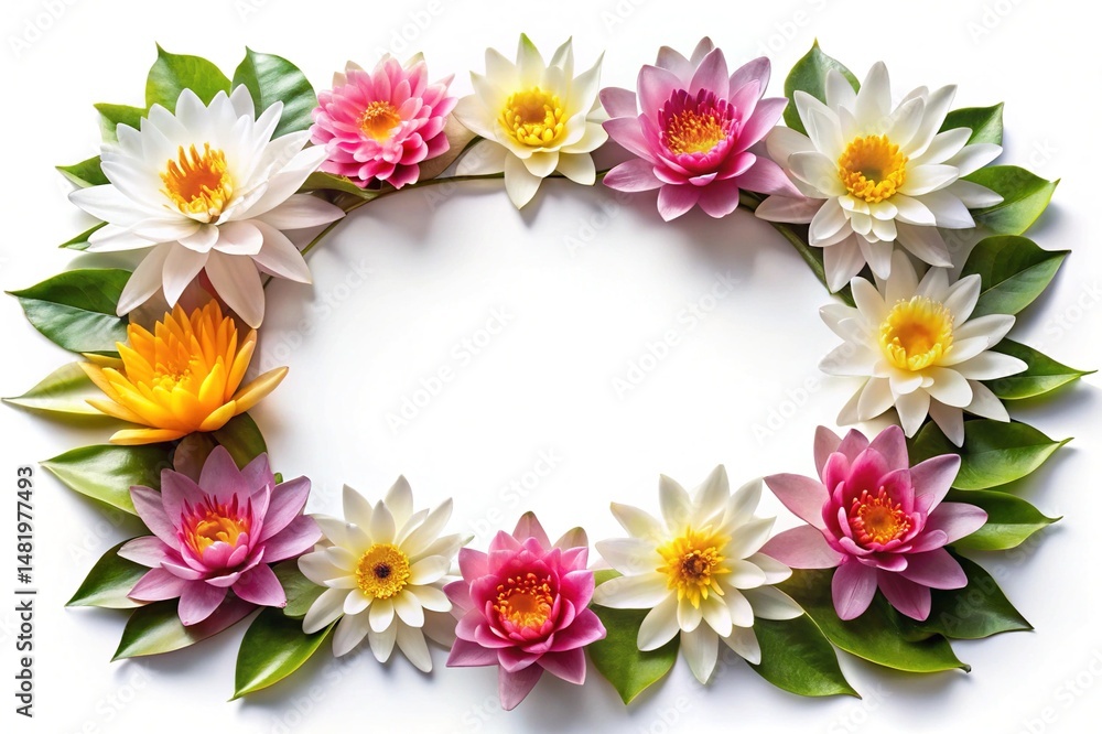 Beautiful Water Lily Floral Wreath Frame on a White Background for Text Beautiful Water Lily Floral Wreath Frame on a White Background for Text