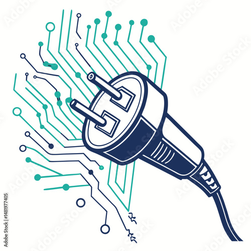 High-tech plug icon emitting digital electricity circuit lines
