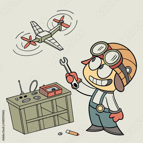 Funny cartoon drone mechanic fixing flying bot with wrench
