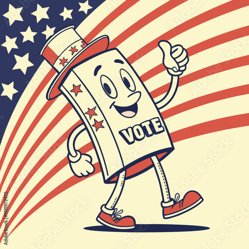 Cartoon ballot character giving thumbs-up with patriotic background