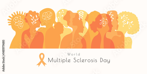 World Multiple Sclerosis Day banner template. Ribbon and silhouettes of people head. Treatment and prevention. Medicine and health concept with ribbon in flat style.
