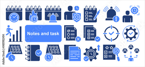 WebNotes and task icon collection set. Containing reminder, priority, deadline, completed, calendar, schedule, notification icon. Simple flat vector.