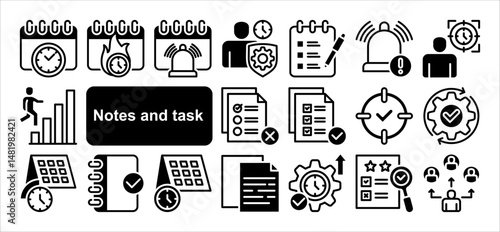 WebNotes and task icon collection set. Containing reminder, priority, deadline, completed, calendar, schedule, notification icon. Simple flat vector.