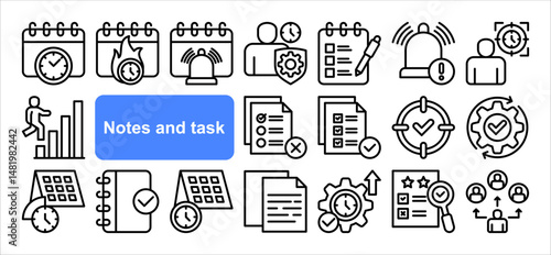 WebNotes and task icon collection set. Containing reminder, priority, deadline, completed, calendar, schedule, notification icon. Simple line vector.