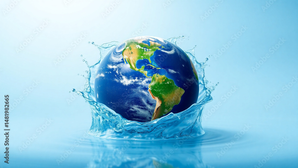 Fototapeta premium World Oceans Day, A surreal and clean digital artwork of Earth emerging from a splash of water.