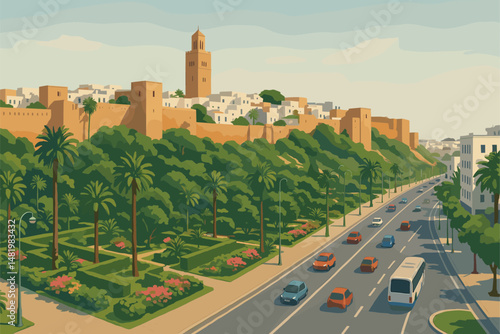 Rabat Scene with Kasbah, Gardens, and Broad Streets