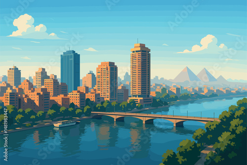 Cairo Skyline with Nile and Distant Pyramid Silhouettes