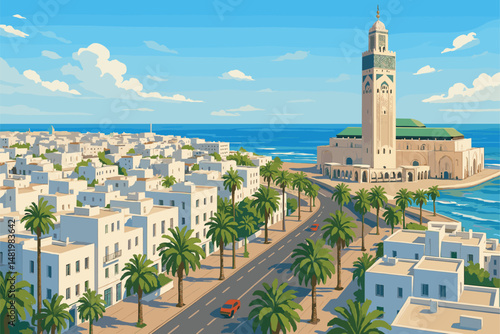 Sunny View of Casablanca Featuring Hassan II Mosque and Palm-Lined Boulevards