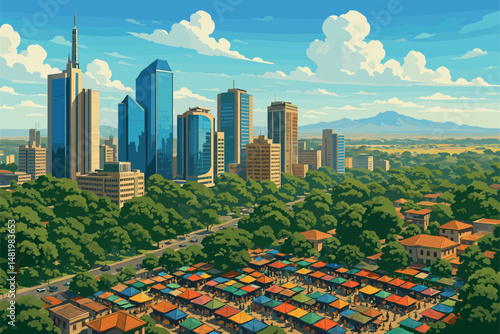 Urban Landscape of Nairobi with Skyscrapers and Surrounding Savannah