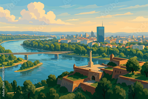 Belgrade Panorama with Rivers, Fortress, and Urban Blocks