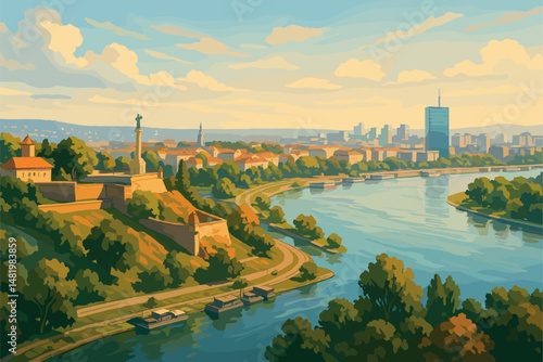 Belgrade Panorama with Rivers, Fortress, and Urban Blocks