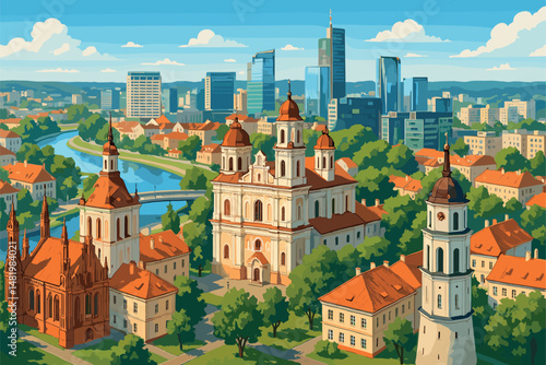 Panorama of Vilnius with Churches and Contrasting Architecture