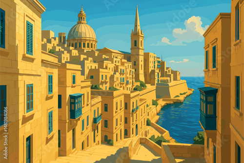Valletta Day Scene with Limestone Streets and Blue Sea