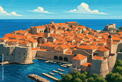 Dubrovnik Wide View with Walls and Bright Blue Sea