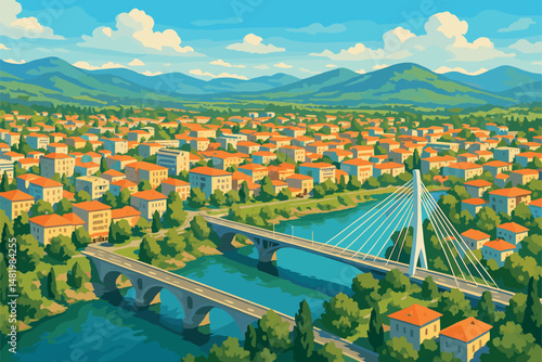 Podgorica Cityscape with River Bridges and Green Hills