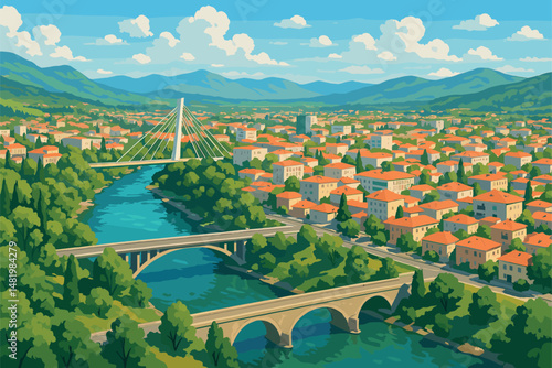Podgorica Cityscape with River Bridges and Green Hills